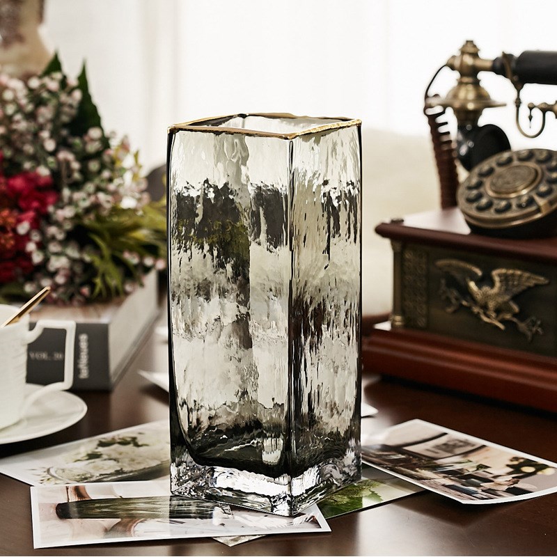 锤纹方口花瓶透明 描金玻璃花瓶 客厅创意欧式简约插花工艺品万百