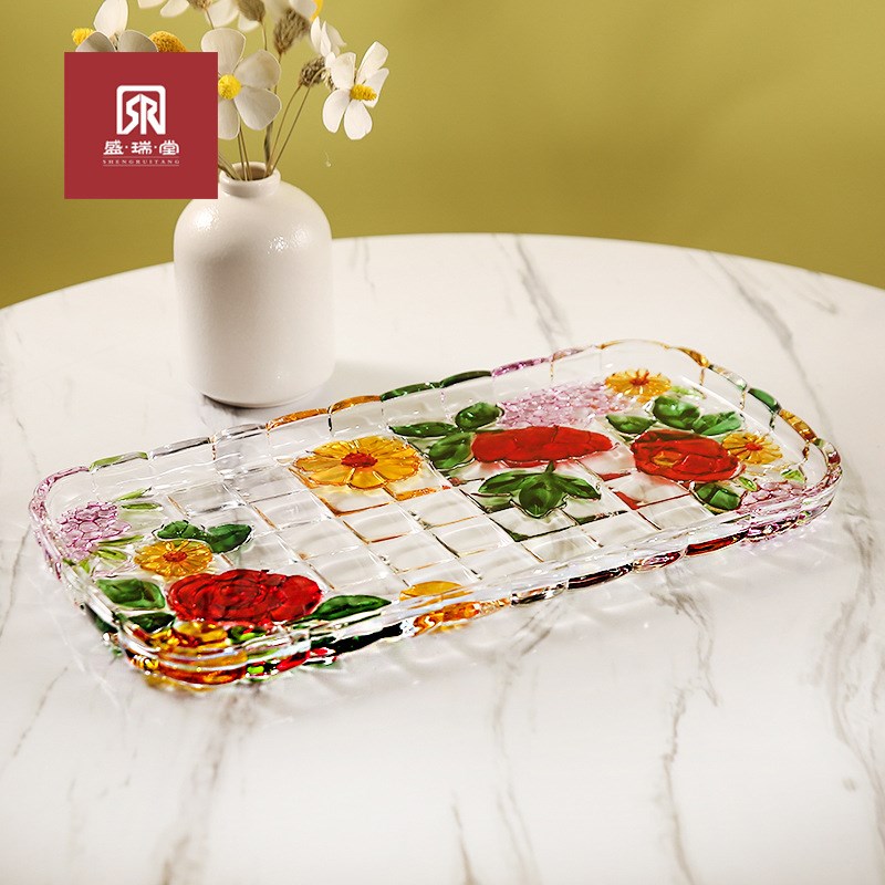【盛瑞堂】手绘彩色玻璃艺术长方形茶盘玻璃水果盘