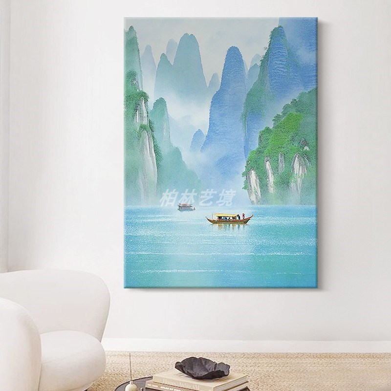 新客厅桂林山水手绘油画玄关一叶扁舟装饰画抽象风景肌理挂画