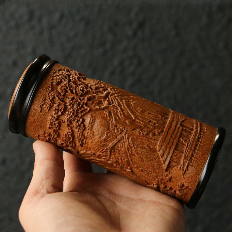 精品山水风光老玉竹茶叶罐大号竹雕竹制茶茶叶筒茶具