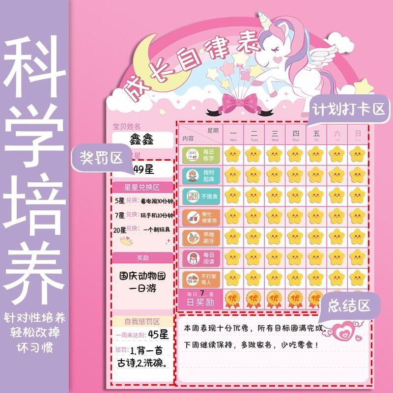 儿童成长自律表奖励记录学习计划表孩子的积分卡纸墙榜行为习惯养