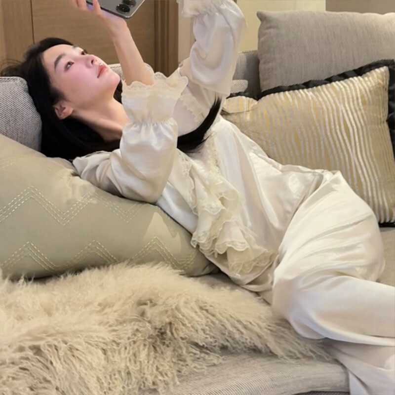 〈艾莉的日记〉陆睡睡法式少女感木耳花边蕾丝长袖长裤睡衣家居服