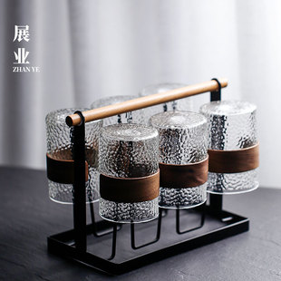 N防爆耐高温待客水具 锤纹玻璃杯子家用客厅木圈不烫手喝水杯套装