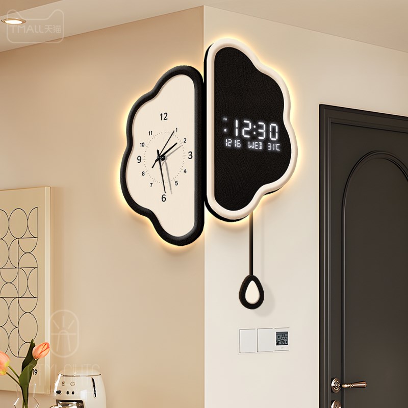奶油风转角挂钟双面拐角时钟壁灯画2025新款客厅电子钟表创意挂墙
