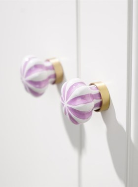 糖果拉手 紫色衣柜门拉手欧式法式轻奢黄铜陶瓷圆形单孔抽屉把手