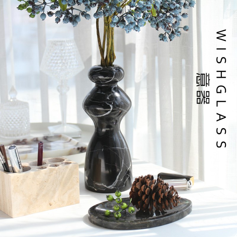 意器大理石花瓶黑白根现代摆件客厅酒店插花花器玄关软装摆设Y347