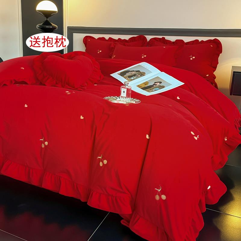 【送抱枕】冬季红色珊瑚绒牛奶绒四件套结婚新房乔迁过年床上用品