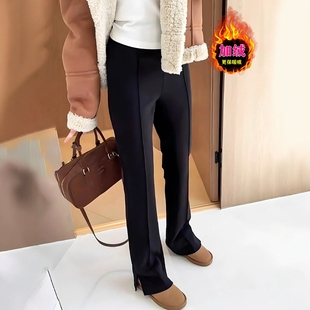 黑色加绒微喇裤女2025冬季新款大码修身显瘦弹力开叉直筒西装裤子