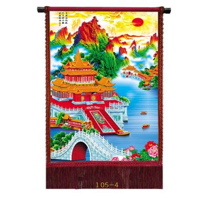 油画布带穗 平面单幅中式印刷 客厅 风景 装饰画 山水画图片