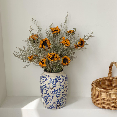 向日葵复古干花新中式青花瓷陶瓷花瓶插花鲜花客厅玄关装饰花艺