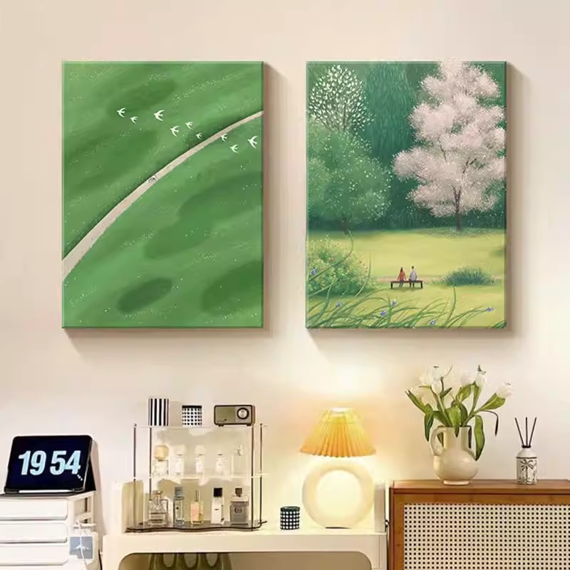 ins小清新绿色装饰画仿油画风景唯美治愈简约氛围感卧室客厅挂画