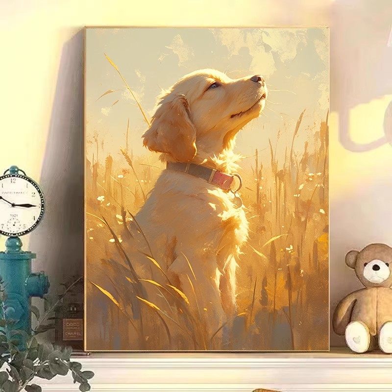 可爱田园金毛小狗装饰画温馨治愈系仿油画风景唯美卧室客厅摆挂画