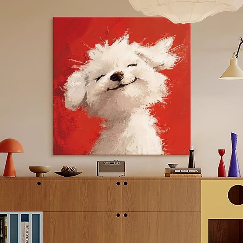 微笑小狗可爱卡通装饰画现代简约仿油画方形温馨治愈卧室客厅挂画