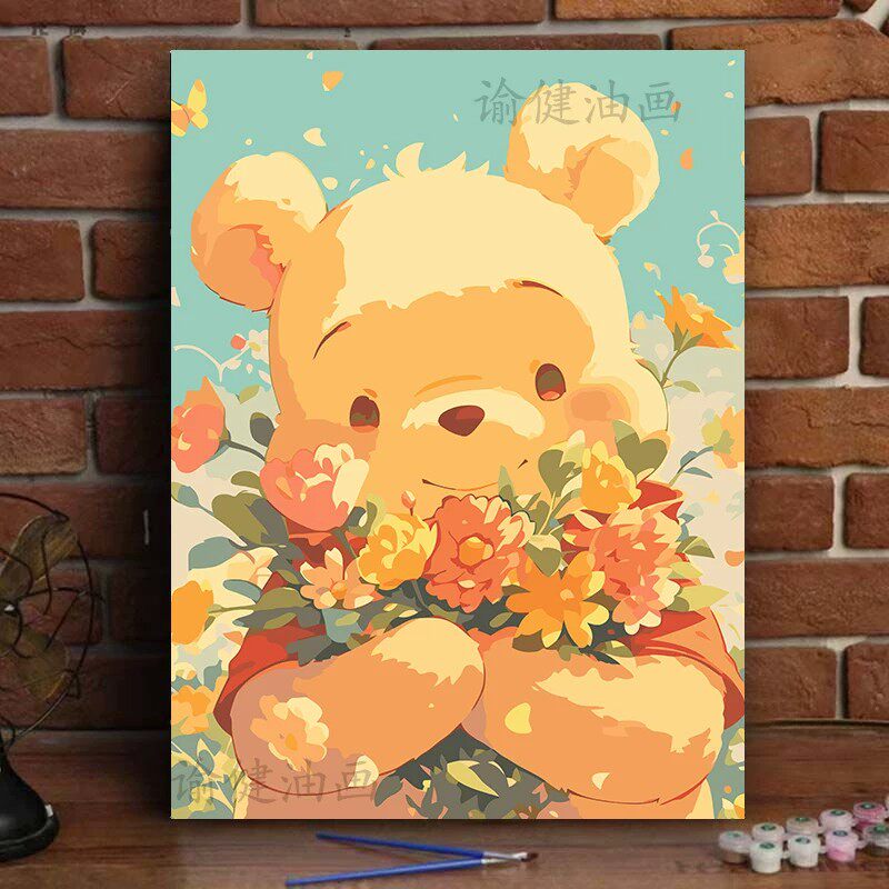 小熊装饰画动漫卡通仿油画成品可爱温馨治愈儿童房卧室客厅摆挂画