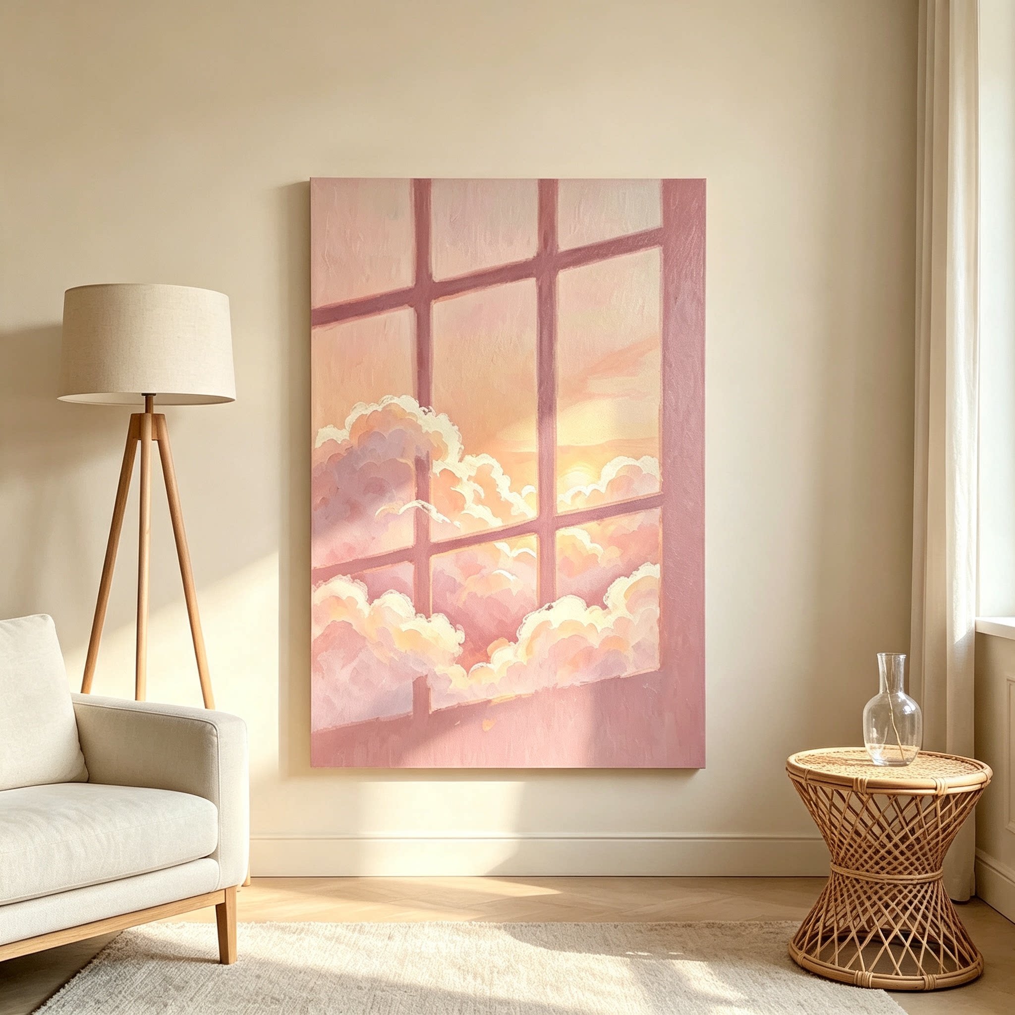 粉色窗户装饰画简约仿油画风景唯美治愈清新高级感卧室客厅摆挂画