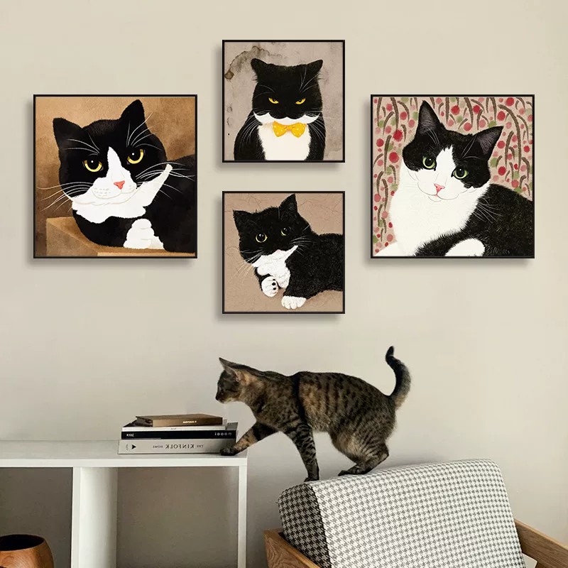 奶牛猫咪装饰画方形可爱萌宠温馨治愈小众简约儿童卧室客厅摆挂画