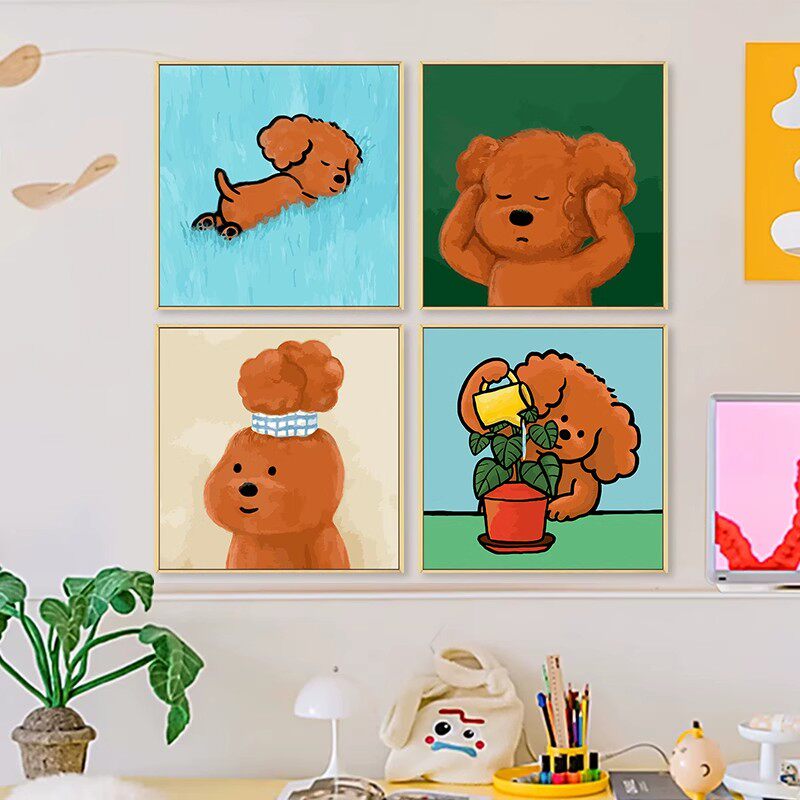 韩系插画方形卡通效果装饰画可爱趣味小众氛围儿童卧室客厅摆挂画