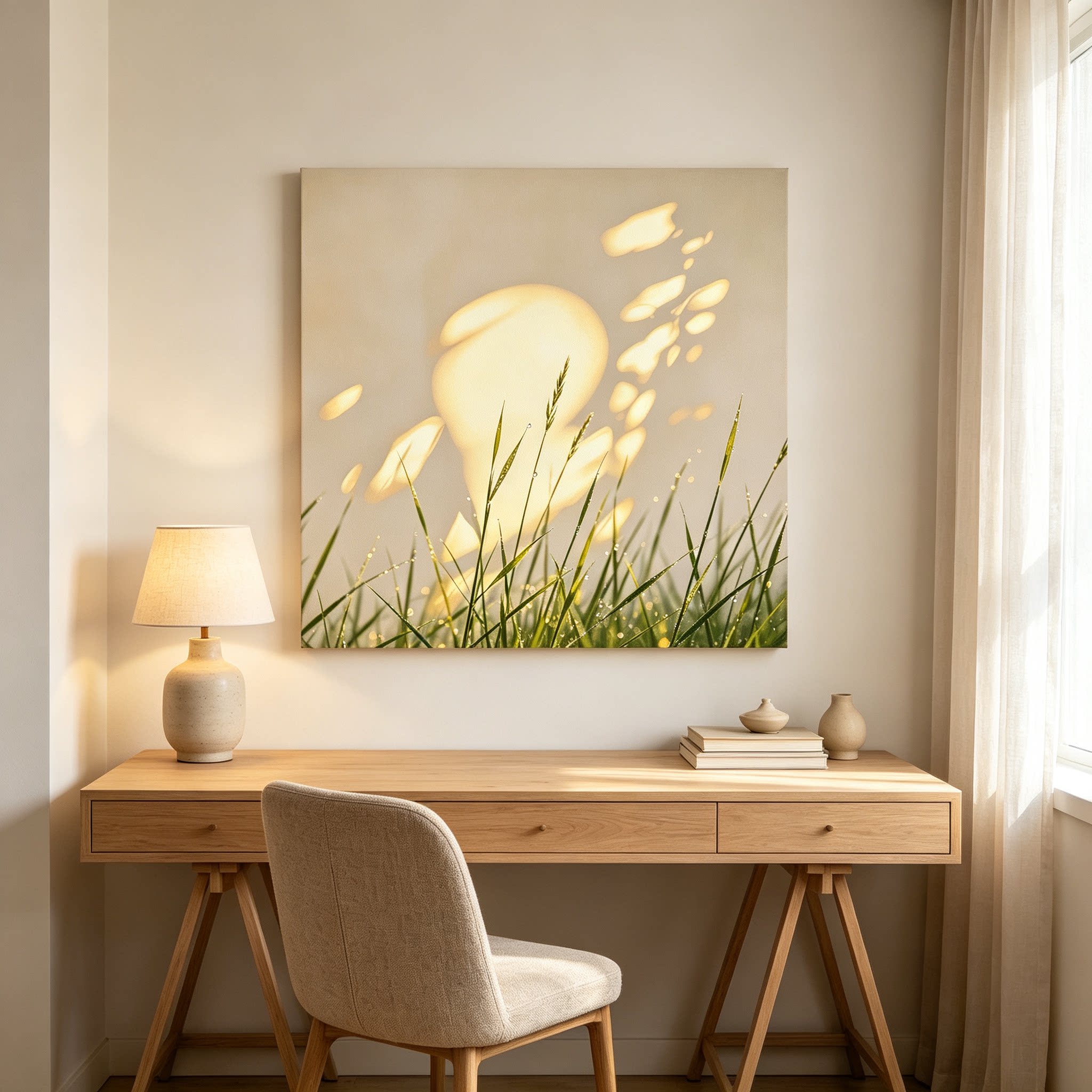 方形北欧简约绿叶植物装饰画仿油画清新唯美高级感卧室客厅摆挂画