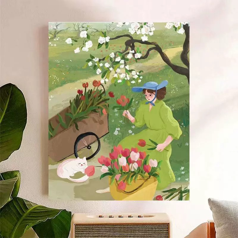 春日女孩猫咪装饰画仿油画风景田园温馨治愈系小众卧室客厅摆挂画