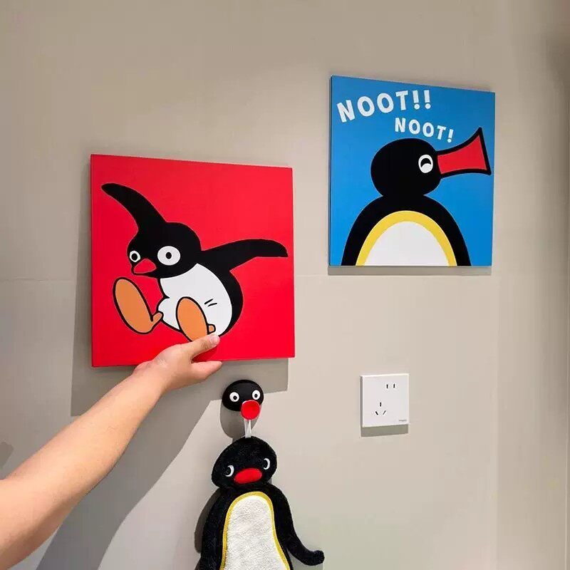 可爱趣味卡通方形企鹅装饰画现代插画小众创意高级卧室客厅摆挂画