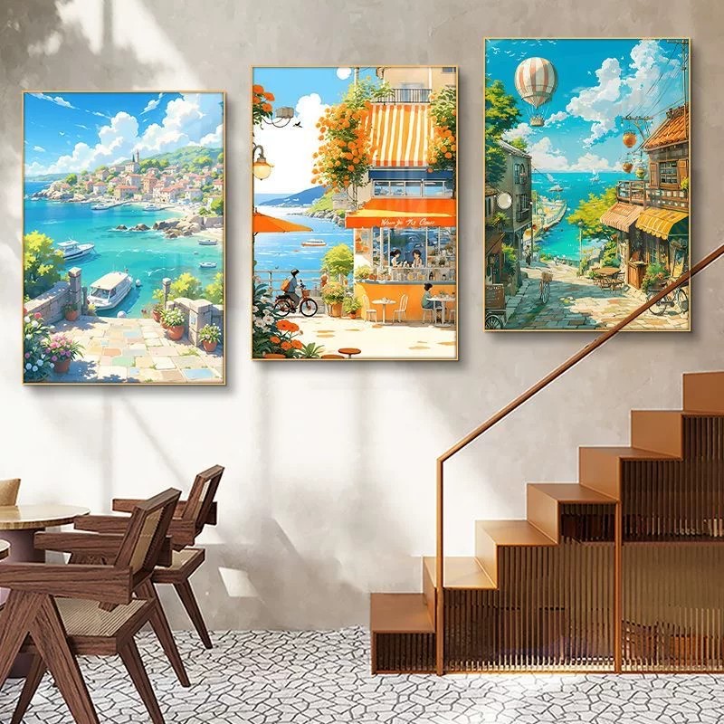 宫崎骏海滩风景田园装饰画仿油画卡通唯美治愈清新卧室客厅摆挂画