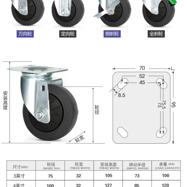 现货中型轴防静电脚轮TPR航空箱万向轮工具车活动轮3/4/5寸