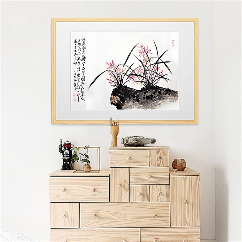 纯手绘国画花鸟客厅茶社酒店书房已装裱镜框四尺三横幅兰石兰花