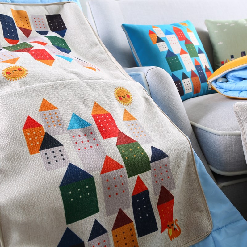 松果屋 卡通猫和房子棉麻抱枕被车用多功能空调被沙发盖毯盖被