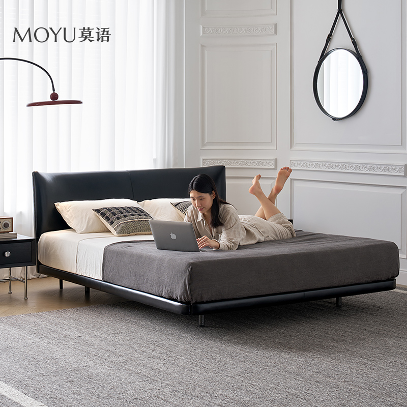 莫语/月牙床 复古风黑色卧大床现代简约纳帕皮悬浮人床