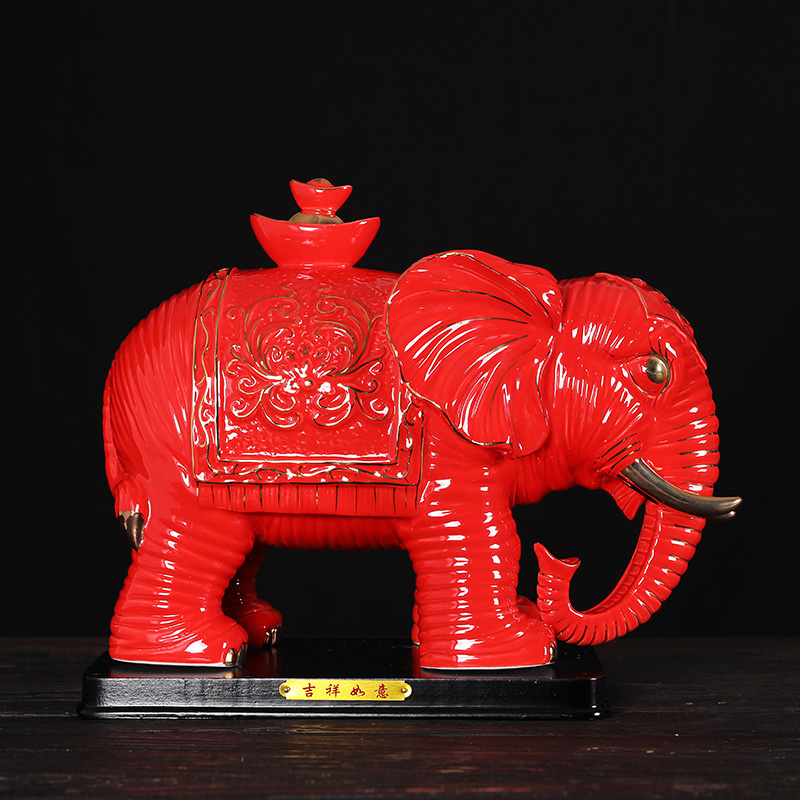 红色陶瓷大象摆件一对吸水象客厅桌面招财纯手工描金装饰业送礼