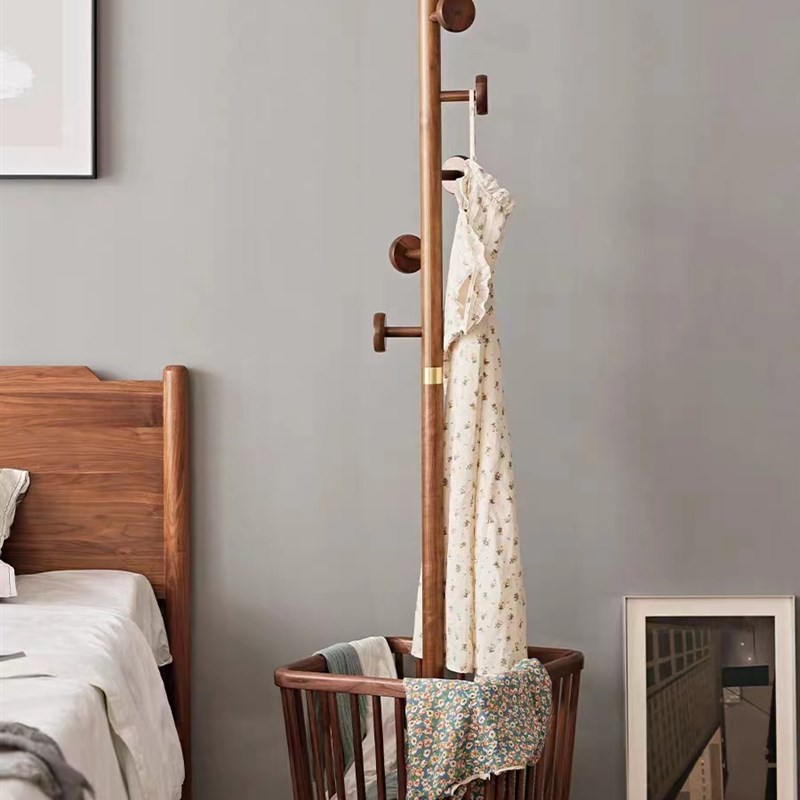 脏衣篮篓落地衣架实木黑胡桃家用客厅卧室室内挂衣架多功能衣帽架