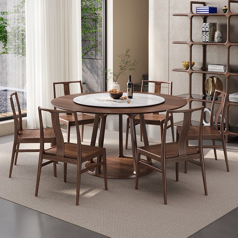 实木圆桌餐桌椅中式家用大小户型带岩板转盘圆形餐桌