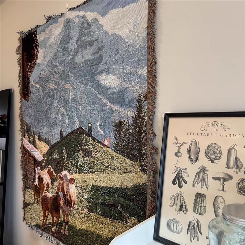 wi瑞士风景画挂毯 欧洲小镇墙面装饰艺术挂布 治愈草原沙发毯
