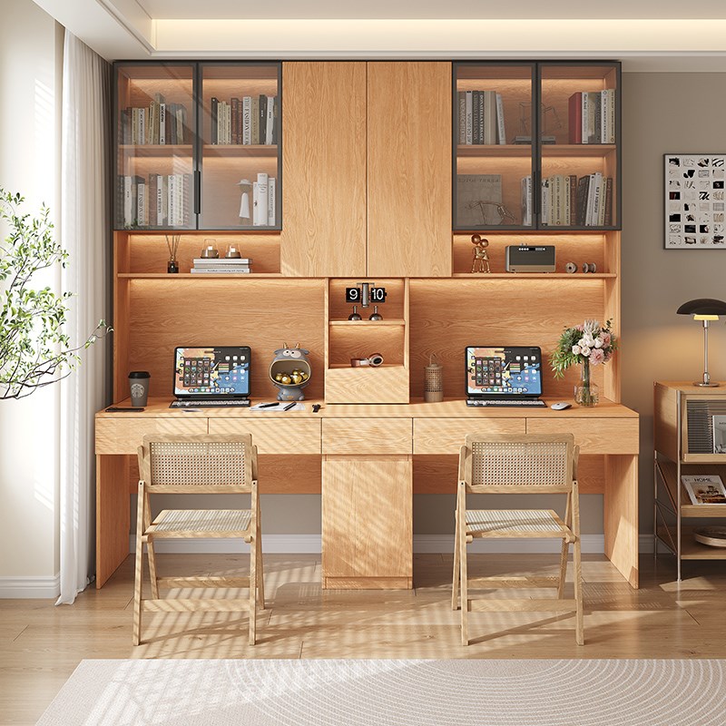 定制实木书桌书架一体桌橡木色台式电脑桌办公桌家用学生学习桌子