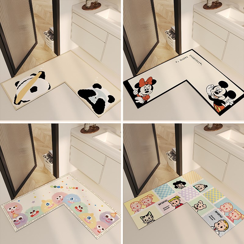 卡通熊猫l型浴室地垫卧卫生间门口直角硅藻泥超吸水拐角防滑垫