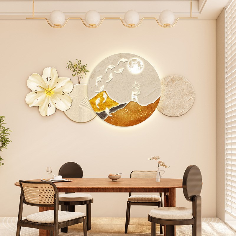 餐厅装饰画抽象花卉带钟表石来运转砂岩背景墙中式挂画免打孔挂钩