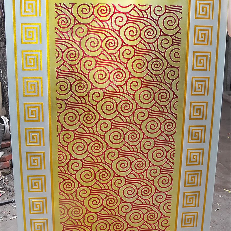 雕刻工艺术玻璃玄关隔断背景墙吊顶钢化客厅金万字格中式祥云吉祥