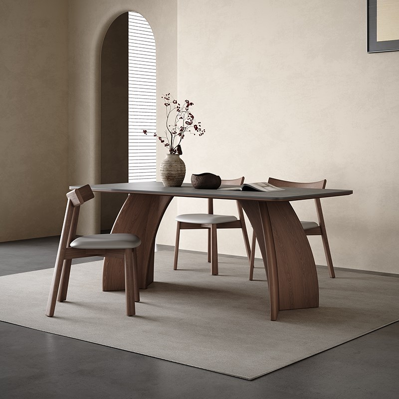 实木岩板餐桌现代胡桃色饭桌家用意式极简灰色长方形岩板餐桌