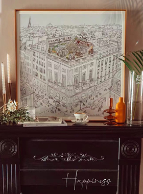 博推荐HFin 屋顶园手稿素描装饰画客厅金边落地画