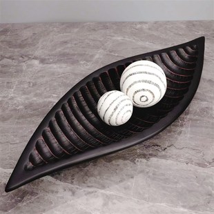 黑色竹节果盘客厅茶几肌理球装 饰品样板间摆设托盘工艺品