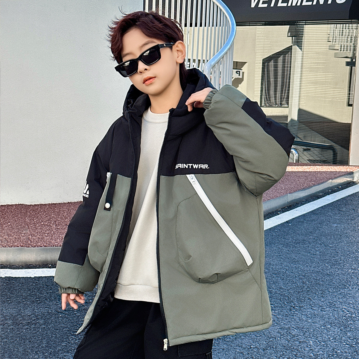 冬季挡风连帽夹棉男童青少年