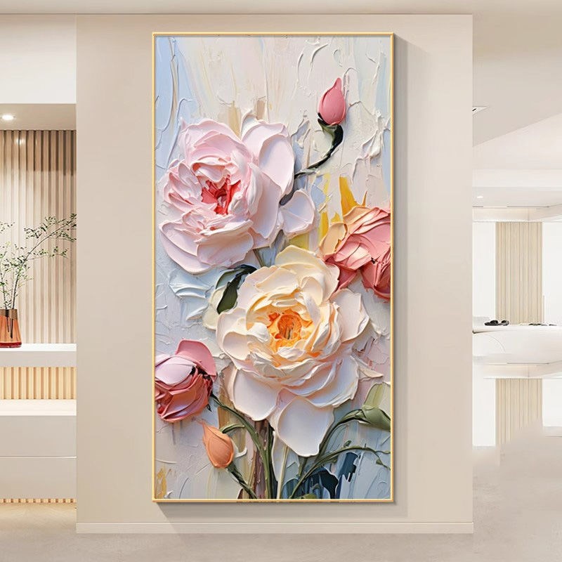 奶油风牡丹花入户玄关装饰画现代简约走廊过道花开富贵高级感挂画图片