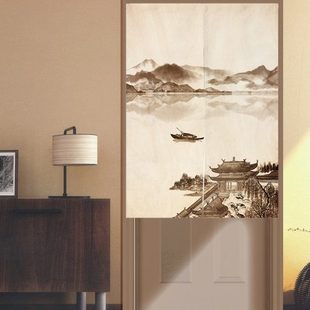 水墨风景山水隔断帘卧室厨房厕所家用布帘免打孔半帘 门帘布艺中式