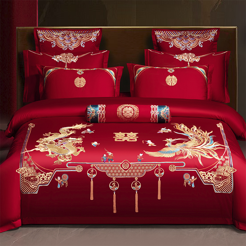 新中式长绒棉龙凤刺绣婚庆床上四件套大红色陪嫁绣花被套床上用品