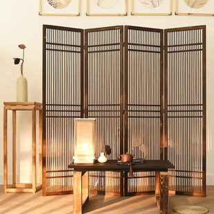 实木竹屏风隔断折叠移动客厅卧室遮挡茶楼道具复古做旧折屏 新中式