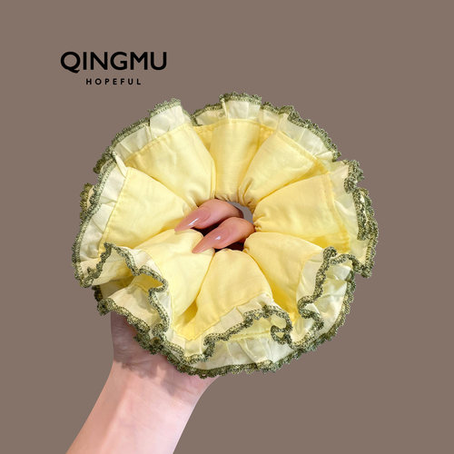 柠黄森语~ 黄色绿边双层大肠发圈女韩系扎马尾丸子头发饰头花皮筋