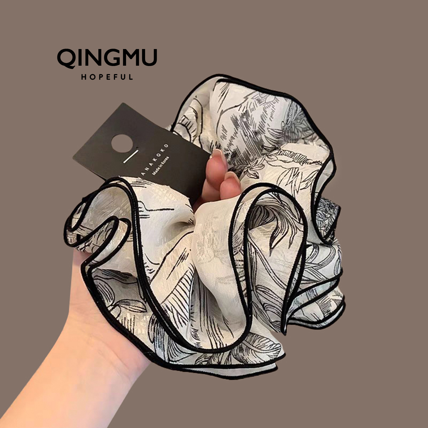 新中式复古水墨画发圈新款褶皱木耳边大肠圈高端大号扎丸子头头花