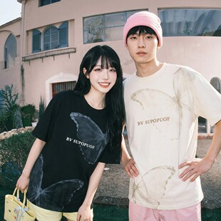 【咩理由】鹿皮绒印花短袖夏季日系原宿风蝴蝶情侣个性T恤男女
