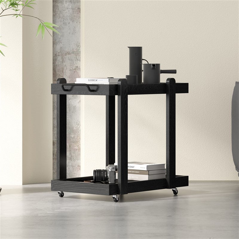 实木小推车边几客厅沙发边桌可移动边柜现代黑色小茶几侘寂风