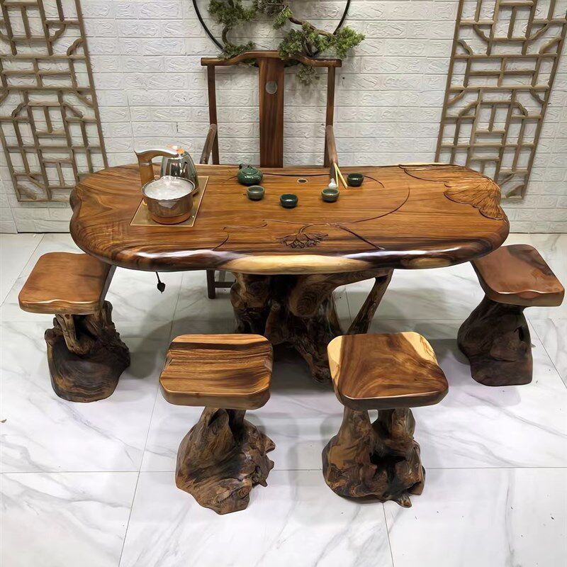 南美胡桃木根雕茶台阳台款小空间茶桌实木田园风原木整装泡茶桌子